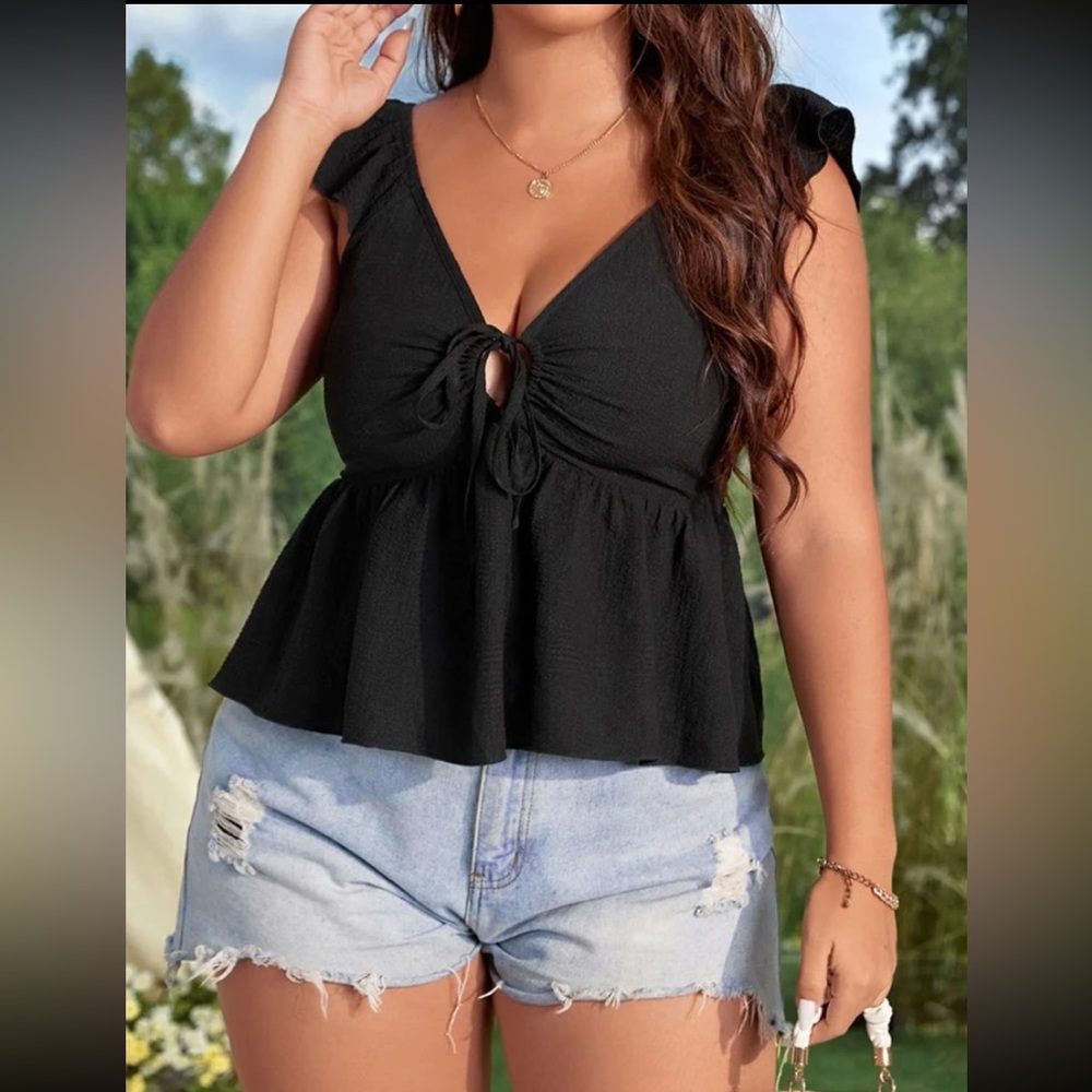 SHEIN Plus Tie Front Shirred Back Ruffle Trim Flared Blouse 1XL Sz 14